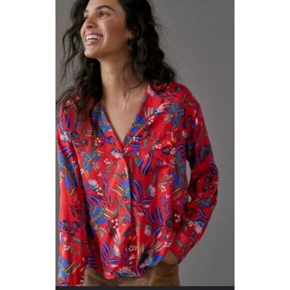 ANTHROPOLOGIE Button Down Top Red Size LP‎ Hummingbirds Colorful Boho Twee Boxy - Picture 1 of 11